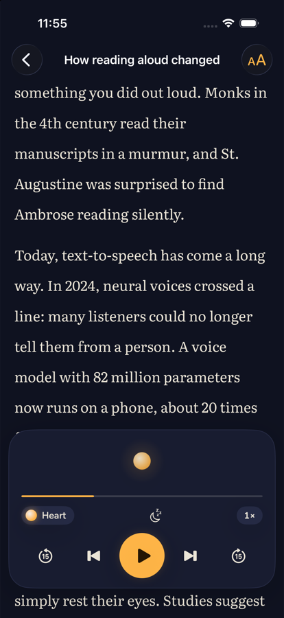 Hearwise reading an article, with the current word lit up