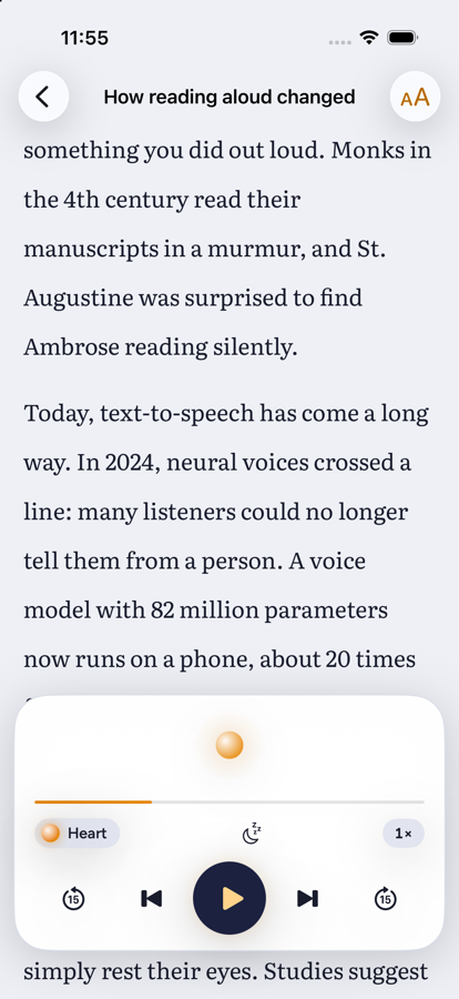 Hearwise reading an article, with the current word lit up